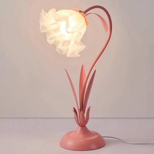 Blume Tischlampe Vintage Tischlampen Blumenform Metall Blatt mit Mattiert Lampenschirm Nachttischlampe für Schlafzimmer, Mädchenzimmer, Wohnzimmer, Schlafzimmer, Büro, Kommode (Rosa) von BomKra