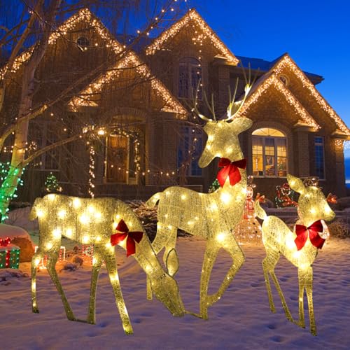 BomKra 3-Teiliges LED Rentier Familie Weihnachtsdeko 100er LED Rentiere Beleuchtet 2D Wasserdicht Weihnachtsbeleuchtung Aussen Für Außen Und Innen, Rasen, Wohnzimmer Party Dekorationv von BomKra