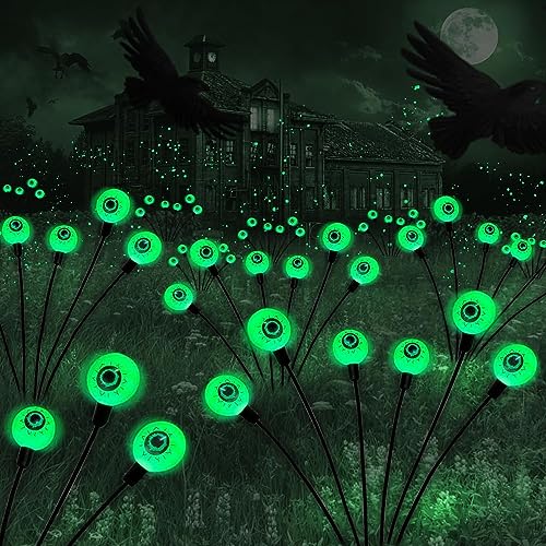 Halloween-Dekorationen für den Außenbereich, solarbetrieben, gruselige Augapfel-Lichter, 2 Packungen mit 20 LEDs, grüne Augapfel, schwingende Glühwürmchen-Lichter, wasserdichte von BomKra