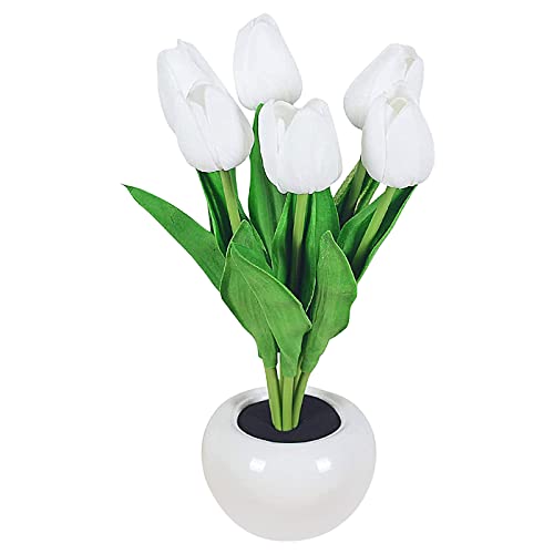 Tulpen-Nachtlicht mit Keramikvase Simulation Tulpe LED Tischlichter mit Batterie, Tischlampe Ornamente für Zuhause Wohnzimmer Hochzeit, Geschenkidee (6 Köpfe-weiß) von BomKra