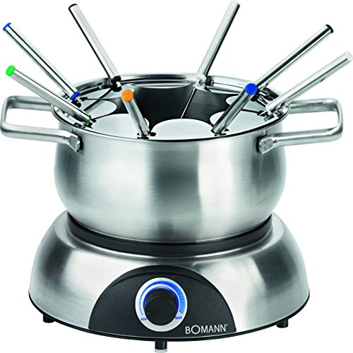 Bomann FD 2248 CB elektrischer Fonduetopf, Topf mit abnehmbaren Spritzschutz, Fondue-Set für 8 Personen mit Edelstahl Fondue-Gabeln, farblich markiert, Füllmenge max. 1,2 Liter/1400 Watt, Edelstahl von Bomann