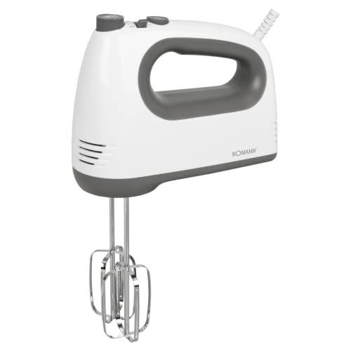 Bomann HM 6054 CB Handmixer/Handrührgerät/Handrührer mit 5 Geschwindigkeitsstufen, Turbostufe und Auswurftaste, Edelstahlquirle und -knethaken inklusive, weiß/grau von Bomann