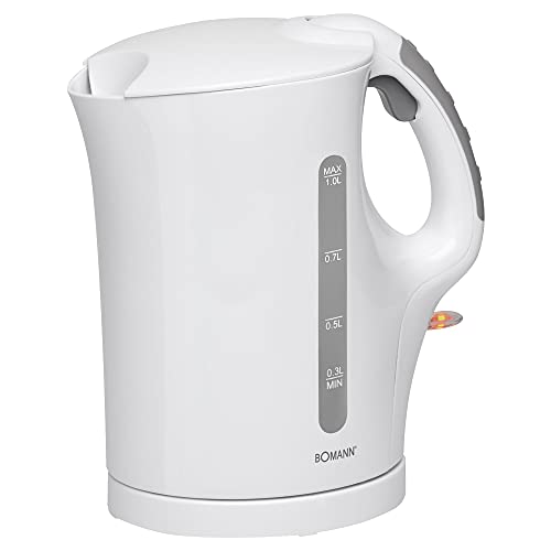 Bomann Wasserkocher, Kettle, Wasserkocher 1 Liter, Camping Wasserkocher, Wasserkocher weiß, mit Edelstahlheizelement, Kalkfilter (herausnehmbar), kabellos, 900 Watt, WK 5024 CB von Bomann