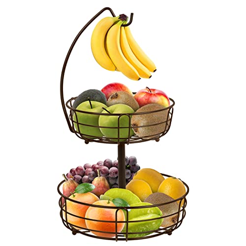 Bomclap Obst Etagere - 2 Etagen Obstkorb mit Bananenhalte - Abnehmbare Obstschale aus Metall - Küche Stehend Obstschalen - Dekorativer Obstkörbe für Obst Gemüse Brot Snacks - Bronze von Bomclap