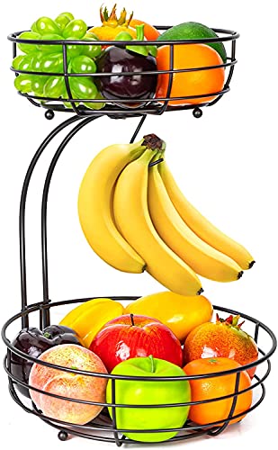 Bomclap Obstkorb mit Bananenhalter - 2 Stöckig Obstschale aus Metall - Küche Stehend Moderne Obstschalen - Dekorativer Gemüsekorb Obstschale - Braun von Bomclap
