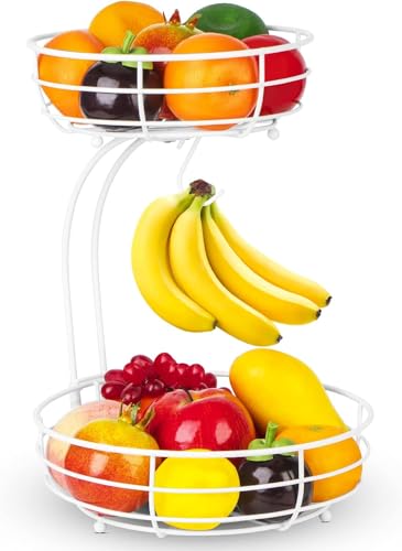 Bomclap Obstkorb mit Bananenhalter - 2 Stöckig Obstschale aus Metall - Küche Stehend Moderne Obstschalen - Dekorativer Gemüsekorb Obstschale - Schwarz von Bomclap