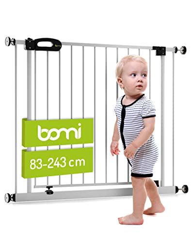 BOMI TÜV & GS Siegel Baby Schutzgitter Treppe Merle 83-243 | Ohne Bohren | 90° Stop | Schließt automatisch | Schmales Stiegengitter | Stabile Baby Schutzgitter Tür für Kindersicherheit von Bomi