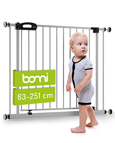 BOMI TÜV & GS Siegel Baby Treppenschutz Merle 63-251 | Ohne Bohren | 90° Stop | Schließt automatisch | Treppenschutzgitter zum Klemmen in Weiß | Kindergitter treppe ohne Bohren aus Metall von Bomi