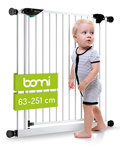 BOMI Baby Treppenschutz Mira 63-251 | Ohne Bohren | 90° Stop | Schließt automatisch | Treppenschutzgitter zum Klemmen in Weiß | Kindergitter treppe ohne Bohren aus Metall von Bomi