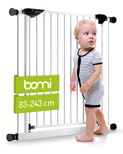 BOMI Kindertreppen Gitter Mira 83-243 | Zum Klemmen | 90° Stop | Schließt automatisch | Baby Gitter Weiss mit Automatik-Tür | Kindertreppenschutzgitter Tür und Treppenschutzgitter zum Klemmen von Bomi