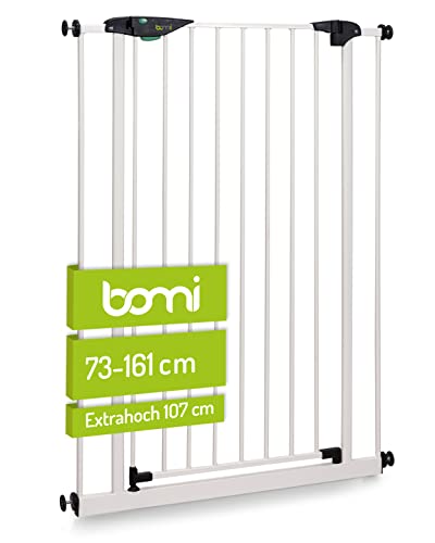 BOMI Schutzgitter Mira 73-161 cm | Hoch 107 cm | Ohne Bohren | Schließt automatisch | Kindergitter Metall-Türschutzgitter weiß ohne Bohren | Automatisches Schließen des Türgitters von Bomi