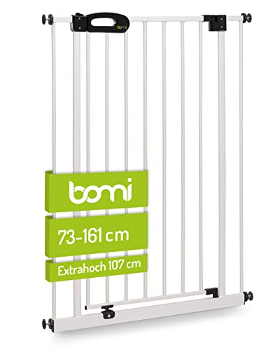 BOMI Treppenschutzgitter Merle 73-161 cm | Extra breit und hoch | Ohne Bohren | Schließt automatisch | Kinderschutzgitter Weiss öffnet in beide Richtungen | Tür- & Treppenschutzgitter Baby Hund von Bomi