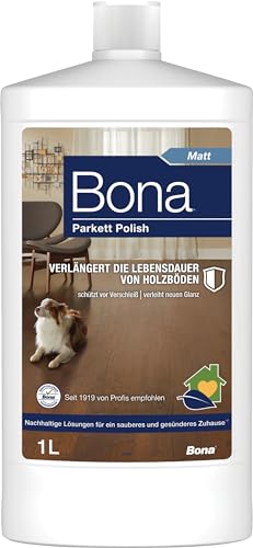 Bona Parkettpflege Öl Polish Matt, Parkettreiniger und Parkettpflege matt, für lackierte Holzböden 1 L, Parkettpflege versiegeltes Parkett, Parkett Politur, Parkett Pflegemittel von Bona