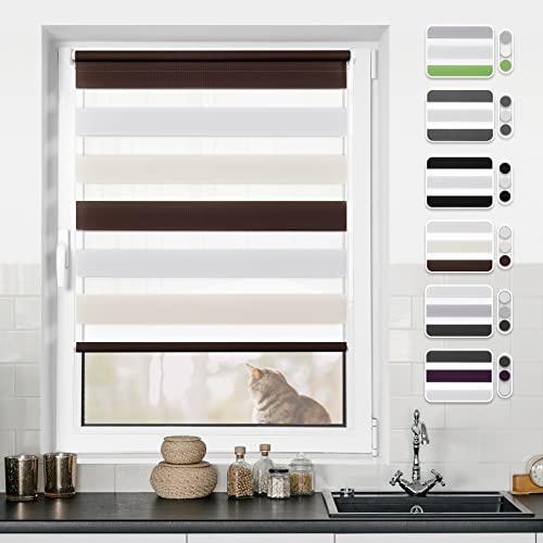 Doppelrollo Klemmfix ohne Bohren Weiß-Beige-Braun 55x150cm Rollos für Fenster ohne Bohren & mit Bohren Rollo Fensterrollo Klemmrollos Fensterrollo innen lichtdurchlässig & verdunkelnd von BondFree