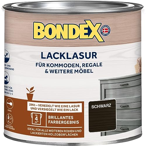 Bondex Lacklasur Schwarz 0,375 L für 3,75m² | 2in1 - veredelt und versiegelt | Wasser- und Schmutzabweisend | Sicherheit für Kinderspielzeug nach DIN EN 71-3 | Seidenglänzend | Holzlasur von Bondex