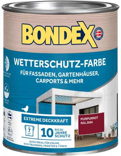 Bondex Wetterschutz Farbe Purpurrot (RAL3004) 0,75 L für 7 m² | Extreme Deckkraft | Hervorragende Witterungsbeständigkeit | seidenglänzend | Wetterschutzfarbe | Holzfarbe von Bondex