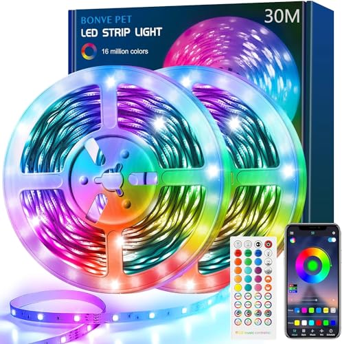 Bonve Pet LED Strip 30M, Bluetooth RGB LED Streifen, LED Band mit App Steuerung 16 Mio. Farben Musikmodus Timer-Einstellung, Farbwechsel Lichterkette für Küche, Schlafzimmer, Wohnzimmer, FesteDeko von Bonve Pet