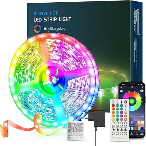 Bonve Pet LED Strip 15M, LED Streifen Selbstklebend Bluetooth RGB LED Band mit Fernbedienung und APP, Farbwechsel Musik Sync LED Lichterkette, Led Lichtband für Zimmer Gaming Party von Bonve Pet