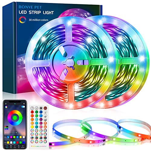 Bonve Pet LED Strip, Bluetooth RGB LED Streifen, Farbwechsel LED Lichterkette 12M mit Steuerbar via App, 16 Mio.Farben, Fernbedienung, Sync mit Musik, LED Band für Schlafzimmer Schrankdek, 2 Rollen 6M von Bonve Pet