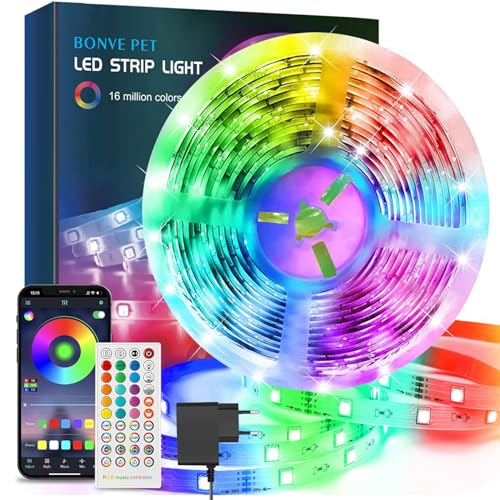 Bonve Pet LED Strip 5M,RGB LED Streifen,Bluetooth LED Streifen Selbstklebend,LED Streifen mit Fernbedienung und APP Musiksync Farbwechsel Band Lichter für die Schlafzimmer, Küche, Decke, Party von Bonve Pet