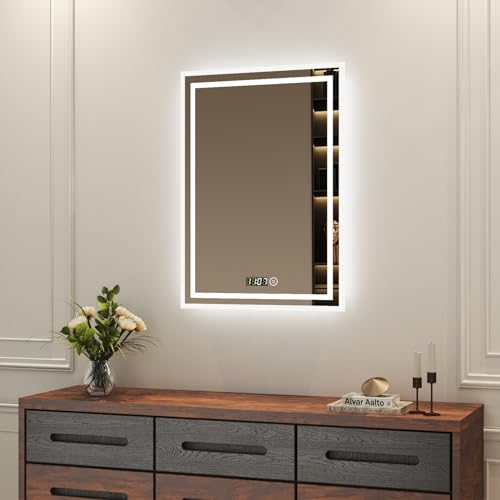 Boromal Badezimmerspiegel mit Beleuchtung 50x70cm LED Badspiegel mit Uhr 3 Lichtfarbe Dimmbar 3000-6500K Wandspiegel Badezimmer Spiegel Lichtspiegel mit Touchschalter, Uhr von Boromal