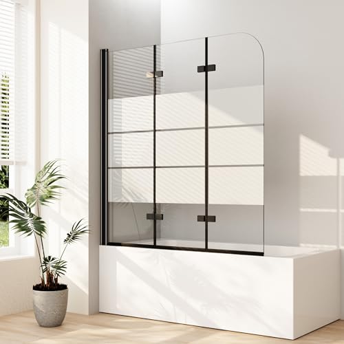 Boromal Duschwand für badewanne 130x140cm Milchglas Streifen Duschwand Schwarz 3-teilig Faltbar Badewannenaufsatz Duschtrennwand Duschabtrennung mit 6mm ESG Glas, Schwarz von Boromal
