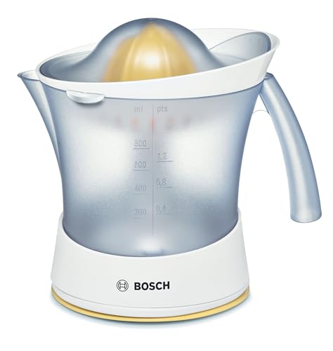 Bosch Zitruspresse VitaPress MCP3500N, Universal-Presskegel für kleine und große Früchte, Fruchtfleisch-Regulierung, hohe Saftausbeute, 0,8l Saftbehälter, spülmaschinengeeignet, 25 W, weiß/gelb von Bosch Hausgeräte