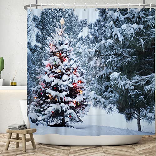 Bovlleetd 180x180cm Winter Schnee Duschvorhang Hängende Laterne Weihnachtsbaum Badezimmervorhang 3D Kiefernwald Duschvorhang Wasserdichter Badevorhang mit Haken für Badezimmerdekoration von Bovlleetd