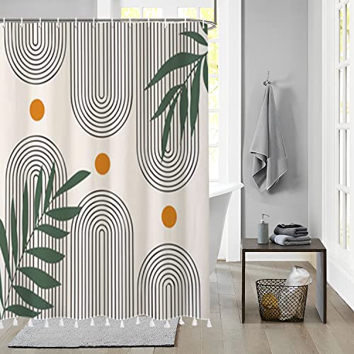 Bovlleetd Abstrakt Mid Century Duschvorhang mit Quaste Bogen Muster Beige Modern Minimalistisch Home Dekoration Waschbar Langlebig Polyester Stoff 183x214cm von Bovlleetd