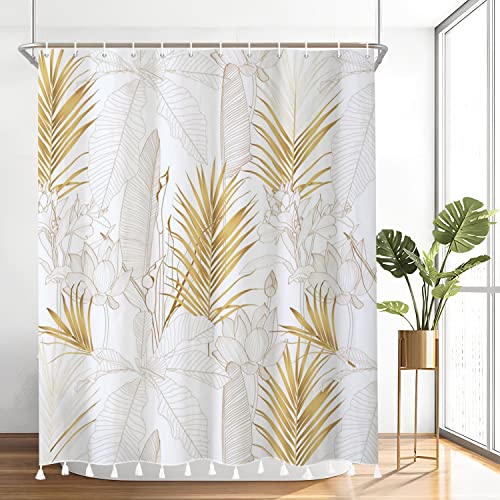 Bovlleetd Gold Plant Duschvorhang mit Quaste Lotus Palm Leaf Badezimmer Vorhang Einfach Bananenblatt Duschvorhang Wasserdicht Badewanne Vorhang Kunst Badezimmer Dekorative Vorhang 180x200cm von Bovlleetd