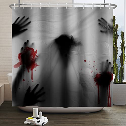 Bovlleetd Halloween-Duschvorhang Blut Handabdruck Geisterschatten Badezimmervorhang wasserdicht Halloween-Dekorationen Badewannen-Dekoration mit Haken Baddekoration Vorh盲nge 152x183cm von Bovlleetd