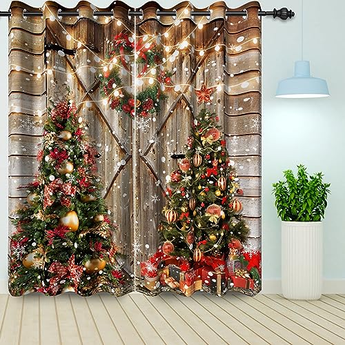 Bovlleetd Rustikale Holz Weihnachten Blackout Vorhänge Set 2 Panels für Wohnzimmer Schlafzimmer Weihnachtsbaum Xmas Eve Party Blackout Vorhänge 140x175cm von Bovlleetd