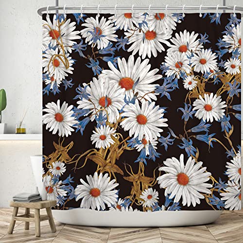 Bovlleetd Vintage Floral Duschvorhang 183x198cm Aquarell Boho Gänseblümchen Duschvorhänge Retro Botanische Blume Badezimmerdekoration Wasserdichter Wannenvorhang mit Haken Waschbarer Badevorhang von Bovlleetd