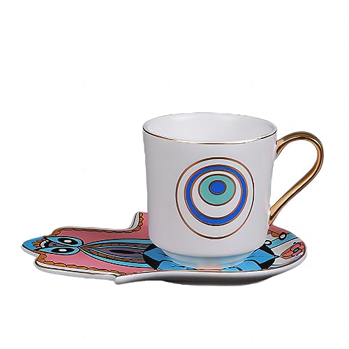 BradOc Kaffeetassen Set Blaue Auge Kaffeetasse Set Böser Blick Teetasse Kaffeebecher Cappuccino Tasse mit Hamsa Untertasse Trinkbecher für Geschenke 300ml Arabische Türkische Auge Becher,A von BradOc