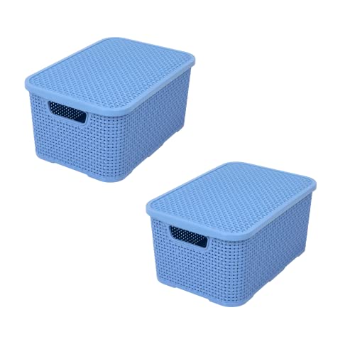 BranQ - Home essential Korb mit Deckel in Rattan Design 2er Set Grösse L 19 l, BPA-frei Kunststoff PP, Denim Blau, 38x27,8x18,5 cm, 2 Stk. von BranQ - Home essential