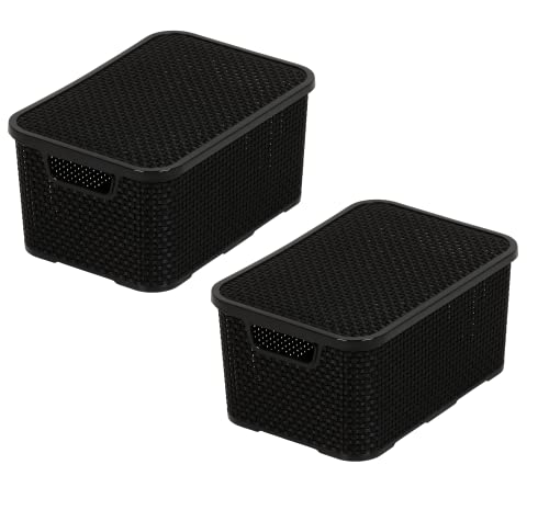 BranQ - Home essential Korb mit Deckel in Rattan Design 2er Set Grösse M 10 l, BPA-frei Kunststoff PP, Schwarz, 28,8x19,7x16,2 cm, 2 Stk. von BranQ - Home essential