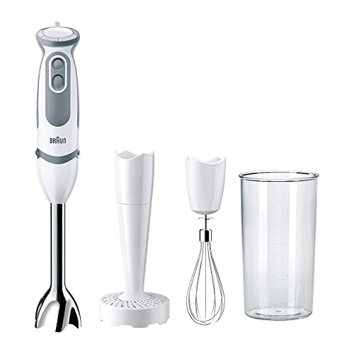 Braun Stabmixer MQ 5207WH Stabmixer – MultiQuick 5 Vario Pürierstab mit Edelstahl Mixfuß, 1000 Watt, inkl. 3-teiligem Zubehör-Set, weiß/grau von Braun Household