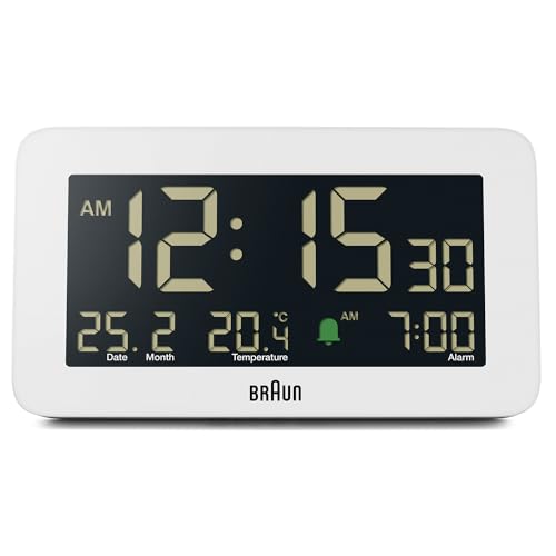 Braun Digitaler Wecker mit Datums-, Monats- und Temperaturanzeige, negativem LCD-Display, Schnelleinstellung und anschwellendem Alarm-Piepton in Weiß, Modell BC10W. von Braun