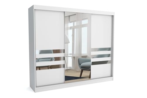 Brent - Kleiderschrank mit Spiegel Henry, 250cm Breit, Schlafzimmerschrank mit 1 Kleiderstange und Einlegeböden für Kleidung, Kleiderschrank Weiß von Brent