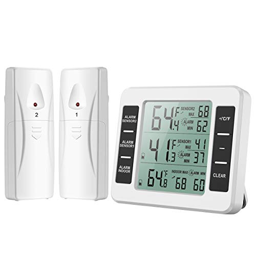 Brifit Kühlschrank Thermometer, Gefrierschrank Thermometer, Kühlschrankthermometer Digital mit 2 Sensoren, Thermometer für Gefrierschrank mit Temperatur Alarm, MIN/MAX, Temperaturtrendanzeige Pfeil von Brifit