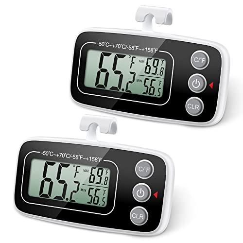 Brifit Kühlschrank Thermometer, Wasserdicht Gefrierschrank Thermometer, Kühlschrankthermometer Digital, Zimmerthermometer mit Haken, LCD Display lesen, Max Min Rekord Funktion (Schwarz, 2Pack) von Brifit