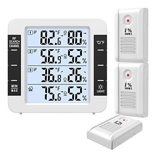 Brifit Thermometer Innen/Ausen, Digital Thermometer Hygrometer, Innen und Außenthermometer mit Hintergrundbeleuchtung, MIN/MAX, °C/°F Schalter, 3 Sensoren, für Babyraum, Wohnzimmer, Büro, ect von Brifit