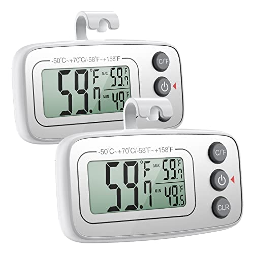Brifit Thermometer für Kühlschrank, Mini-Thermometer mit digitalem LCD-Display, Temperaturbereich -50 ~ 70 ℃/-58 ~ 158 ℉, Aufnahme max/min, Thermometer Kühlschrank mit Haken, silberfarben, 2 Stück von Brifit
