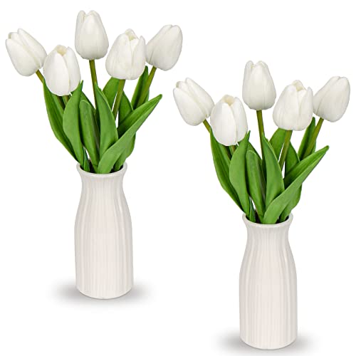 Kunstblumen Künstliche Tulpen Blumen Wie Echt Real Touch Tulpen, Höhe 30 cm, mit Vase aus Keramik, Deko Kunstpflanze (Weiß) von Briful