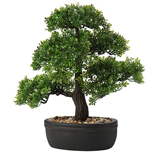 Kunstbonsai Naturgetreue Künstliche Pflanze Kunstbaum Bonsai Zeder Kiefer Podocarpus Plastik Pflanze Kunstpflanze mit Keramik-Übertopf in Schwarz für Baddeko Desktop Büro Fensterbank von Briful