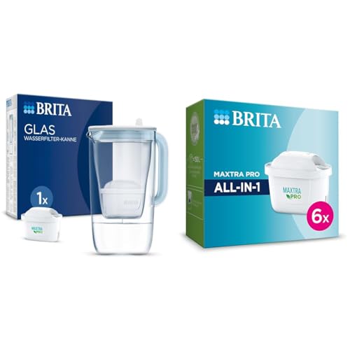 BRITA Glas Wasserfilter-Kanne Hellblau (2,5l) inkl. 1 MAXTRA PRO All-in-1 Kartusche & Wasserfilter-Kartusche MAXTRA PRO All-in-1 – 6er Pack (Halbjahresvorrat) von Brita