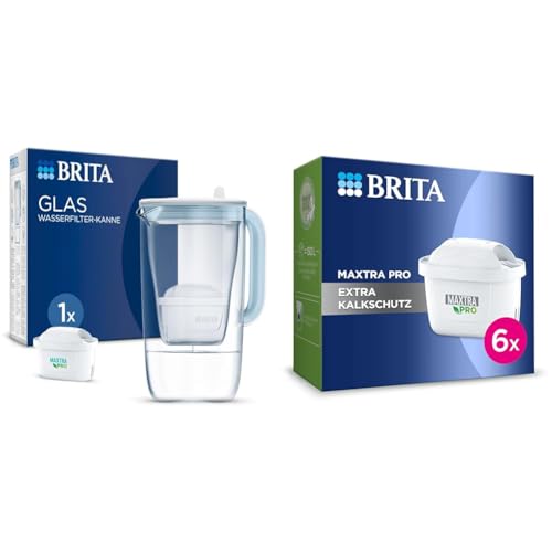 BRITA Glas Wasserfilter-Kanne Hellblau (2,5l) & Wasserfilter-Kartusche MAXTRA PRO Extra Kalkschutz – 6er Pack von Brita