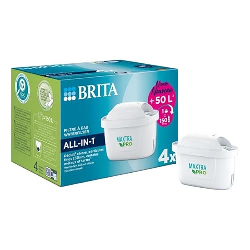 BRITA Maxtra Pro All-in-1 Wasserfilterkartusche, 4 Stück, für Filterkaraffe, reduziert bestimmte Pestizide, Herbizide und medizinische Rückstände, Chlor, Kalk und Metalle von Brita