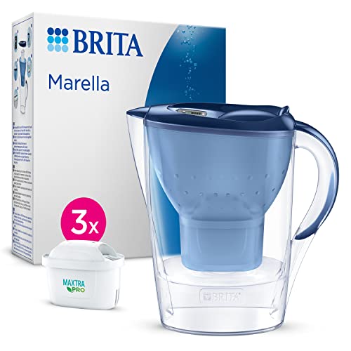 BRITA Wasserfilter-Kanne Marella blau (2,4l) inkl. 3x MAXTRA PRO All-in-1 Kartusche – Filter zur Reduzierung von Kalk, Chlor, Blei, Kupfer & geschmacksstörenden Stoffen im Wasser von Brita