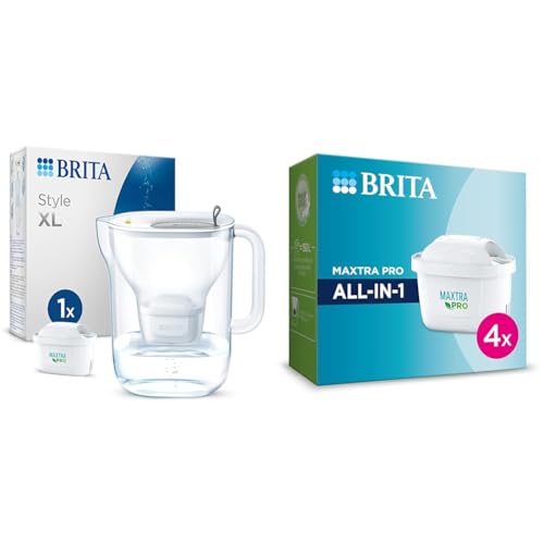 BRITA Wasserfilter-Kanne Style XL hellgrau (3,6l) inkl. 1 MAXTRA PRO All-in-1 Kartusche & Wasserfilter Kartusche MAXTRA PRO All-in-1 – 4er Pack von Brita